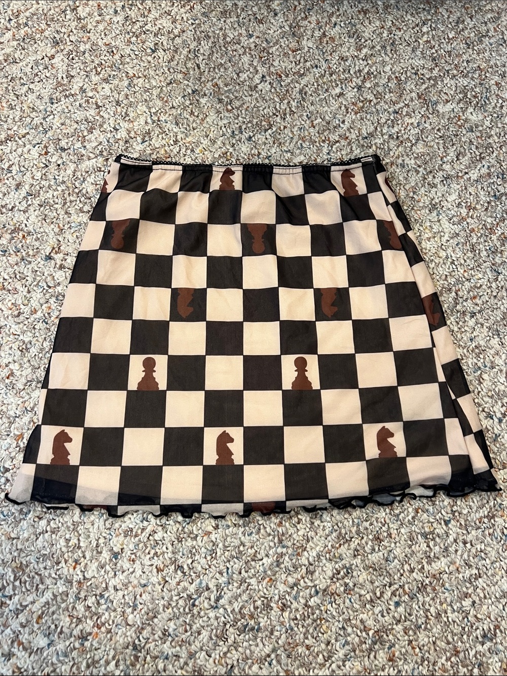 Urban Outfitters Black & Cream Checkerboard Mini Skirt with Brown Chess Motif